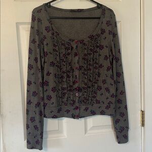 Lush Gray Floral Ruffle Button-Front Cardigan with Purple & Blue Flowers